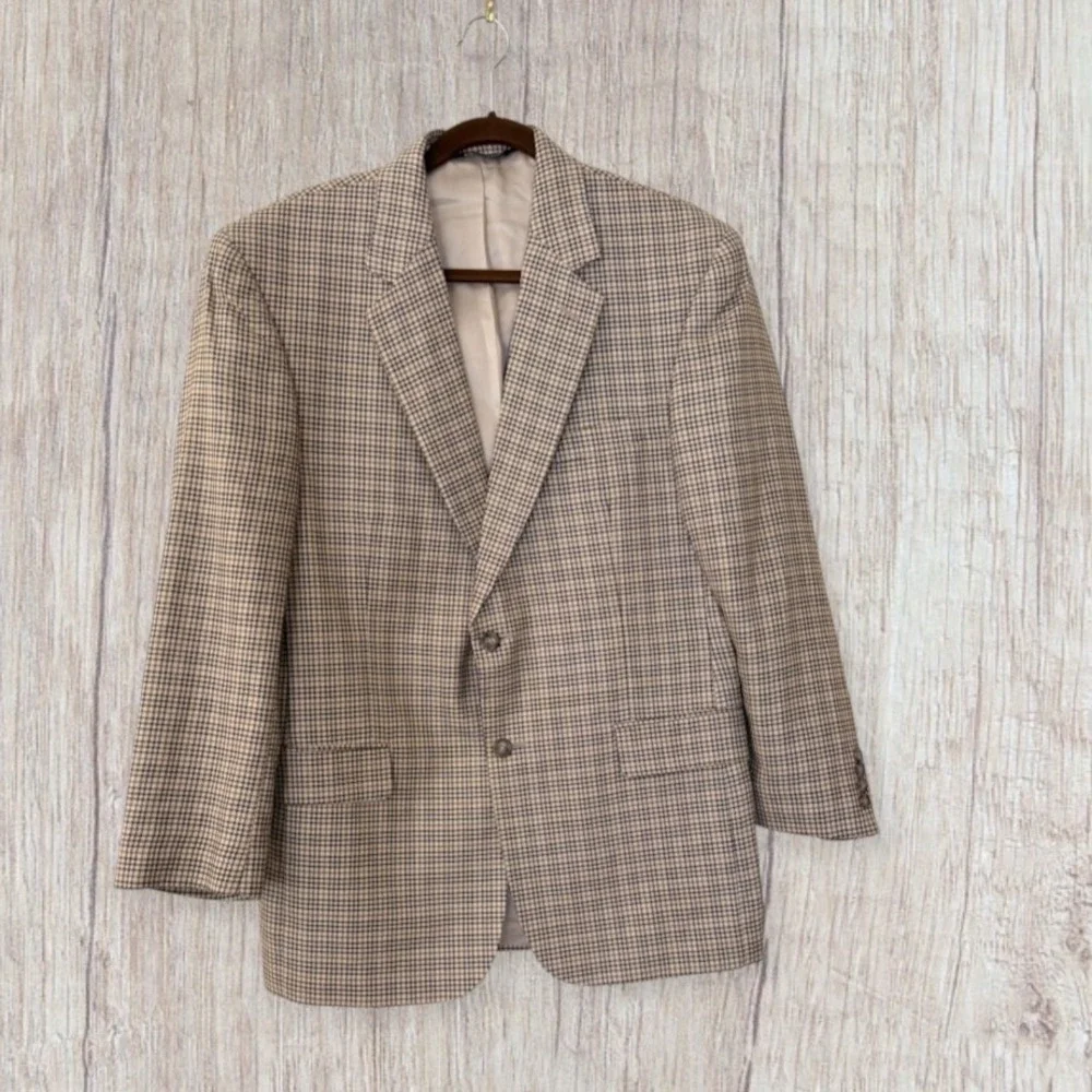 Jos A. Bank Silk Wool Blend Houndstooth Sport Coat Blazer Tan Brown 41 Regular